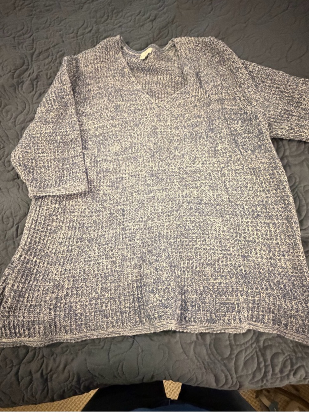 J. Jill Blue and White Marled V-Neck Sweater